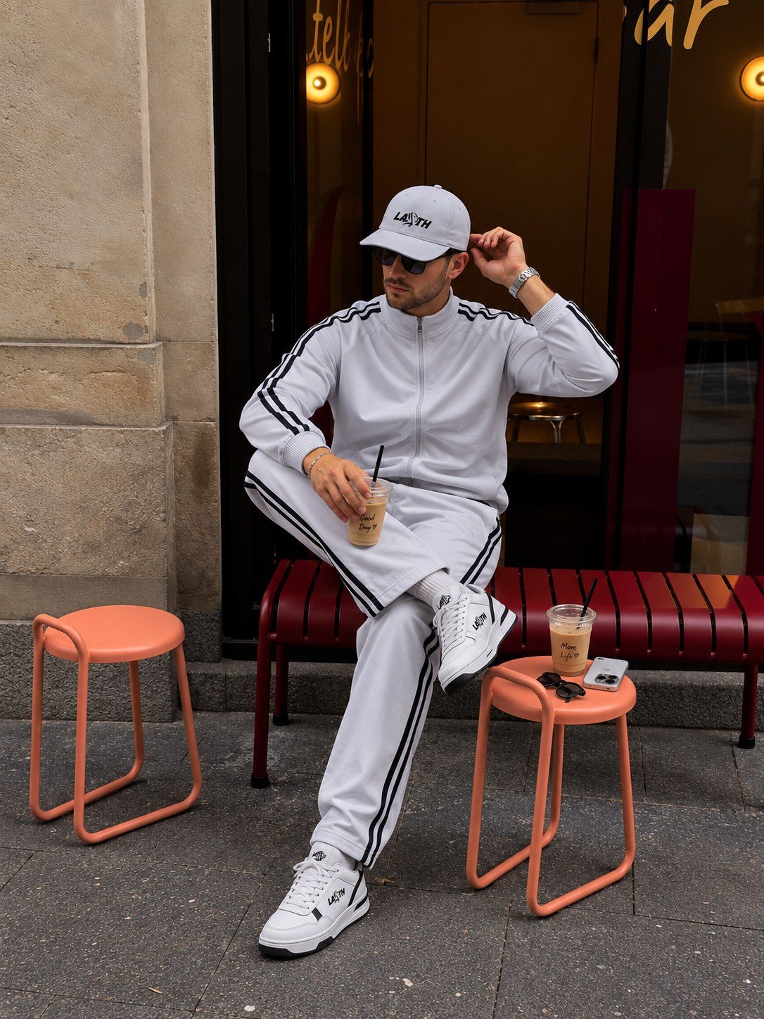 Ensemble LAYTH clair porté en terrasse, rue européenne